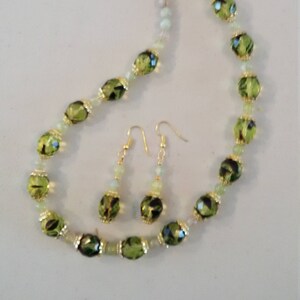 Style 2  - Jewelry Set, Translucent green Czech glass beaded jewelry set with black inclusions.  Necklace and earrings