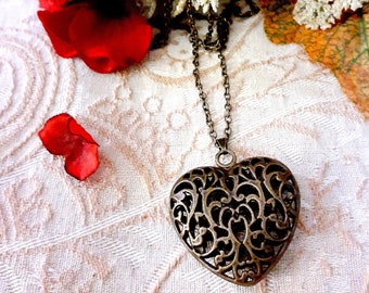 Filigree heart necklace, antique bronze filigree heart, antique bronze chain with tiny magnetic clasp