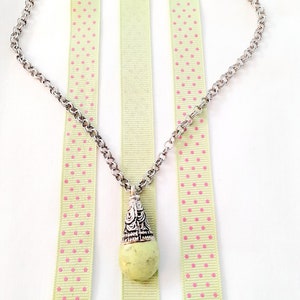 Bali style stone necklace, soft pistachio green stone pendant, stainless steel  complex link chain with toggle clasp