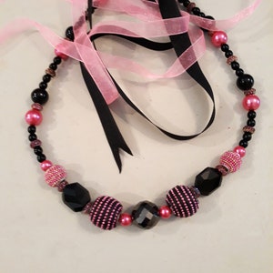 Hot Pink and Black Indonesian beaded necklace,  pearls and silver accents