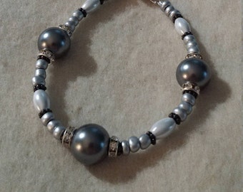 Bracelet, steel gray pearls, Lt. gray seed beads and Swarovski crystal spacers