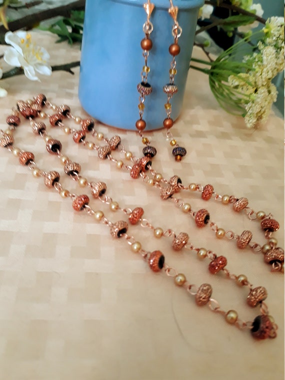 Buy Rusty Copper Pave and Pearl Jewelry Set Necklace shoulder Duster Earrings Online in India Etsy