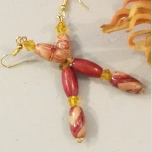 Wooden drop earrings. 65mm long mixed media detailing with gold plated ear wires