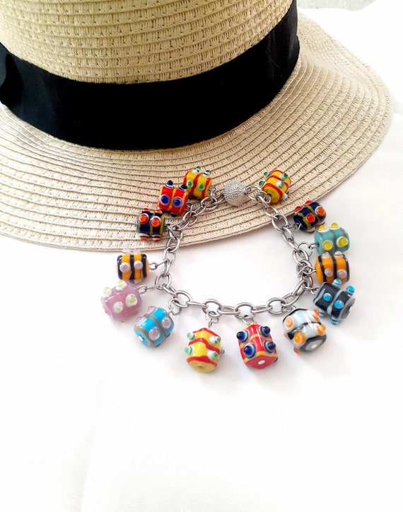 Strips Summer Hat + Necklace + Bracelet Boho Rainbow Striped Crochet Bucket Hat Women main image 2
