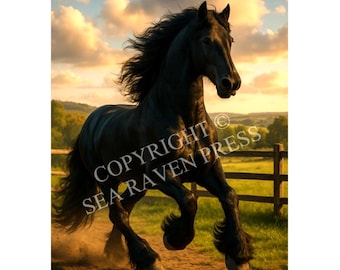 High Spirited Black Friesian Horse Poster 11x17 Wall Art Print Equestrian Decor