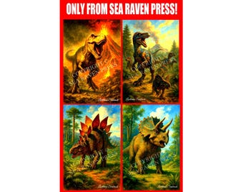 Set of 4 Dinosaur Art Posters – Stegosaurus, Triceratops, T. Rex, Velociraptor – 11x17 Prehistoric Prints