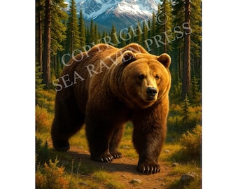 Grizzly Bear Poster 11x17 – Stunning Wildlife Art Print on 80 lb Stock – Frame-Ready Mountain Forest Wall Decor