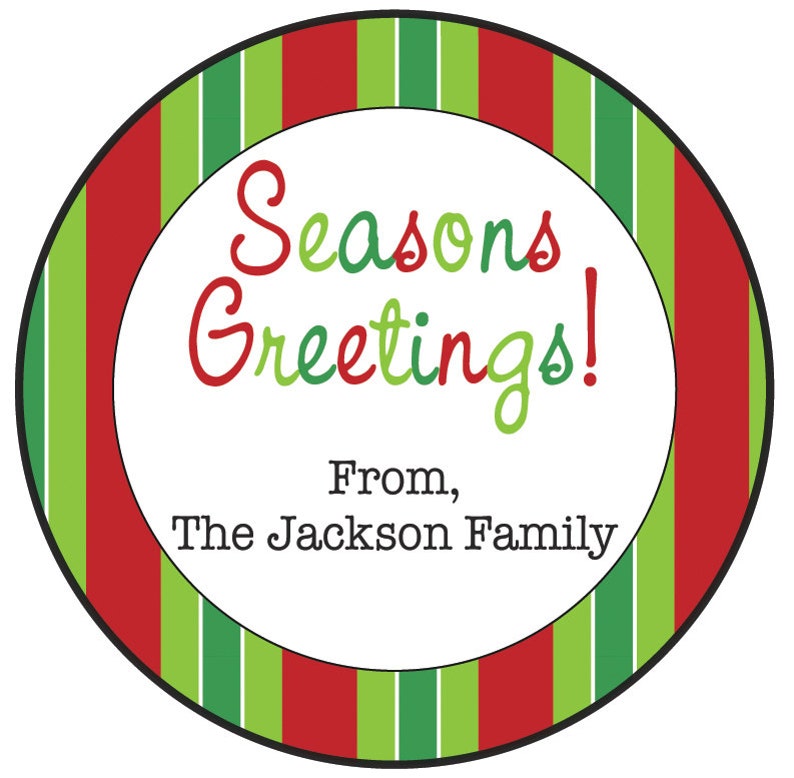 Seasons Greetings Round Sticker Personalized Christmas Stickers Xmas Present Gift Stickers Customized Christmas Gift Labels Red Stripes