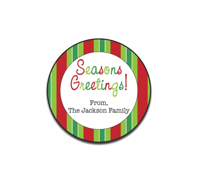 Seasons Greetings Round Sticker Personalized Christmas Stickers Xmas Present Gift Stickers Customized Christmas Gift Labels Red Stripes