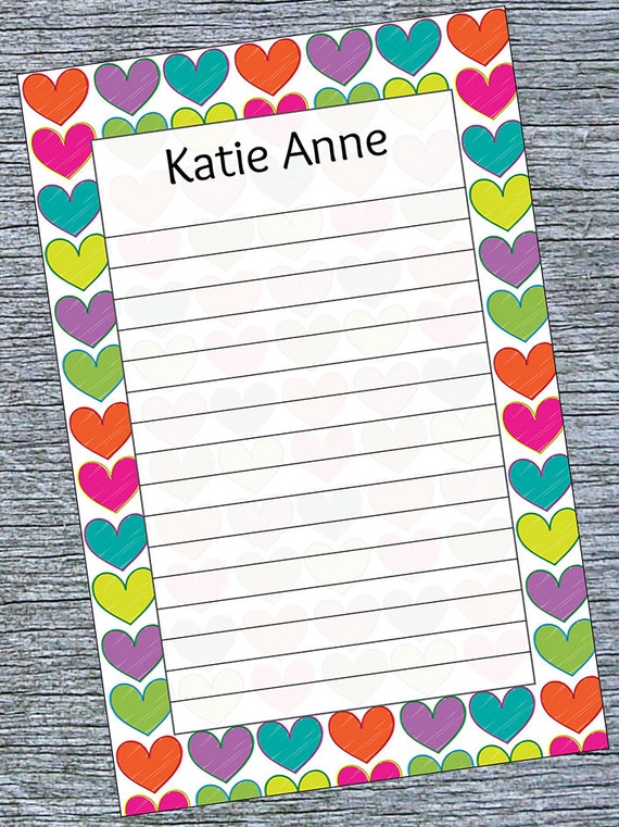 Girls Personalized Notepad Hearts Design Valentine's Day Etsy