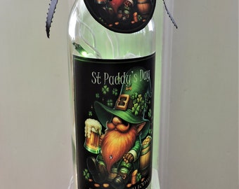 St Paddy's Day Lighted Wine Bottle | Wine Bottle St Patrick's Day Decor | Bar Light | Party Decorations | St Patrick's Day Gnome