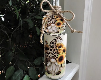 Sunflower and Leopard Gnome Wine Bottle Light | Sunflower Gnome Lamp | Gnome Decor  | Best Friend Wine Lover Gift | Gift for Gnome Collector