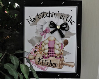 Baking Gifts | Gnome Collector | Pink Baking Gnome | Kitchen Sign | Gnome Baker | Gift for Baker | Kitchen Decor | No Bitchin in the Kitchen