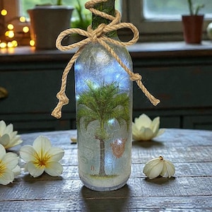 Palm Tree Wine Bottle Lamp, Tropical Decoupage Night Light