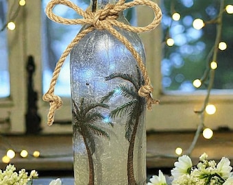 Palm Tree Wine Bottle Lamp, Decoupage Coastal Nite Light