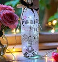 Pink Paris Wine Bottle Lamp with Fairy Lights, Eiffel Tower Decor