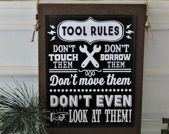 Dad wood Sign for Garage Tool Rules Wood Sign for Dad from Daughter Gift for Dad Gift from Son Gift for Dad Wood Shop Sign Tool Rules Sign