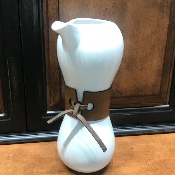 Pitcher/Carafe,  White Ceramic with Leather Heat Protector Belt - Personalized/Monogrammed - Laser Engraved