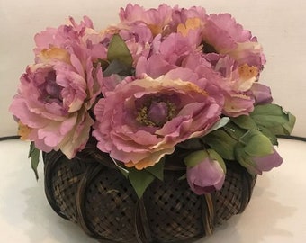 Pink Peonies in Woven Round Basket, Floral