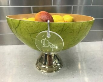 Coconut Bowl on Silver Stand with Acrylic hang tag, Green Serving Bowl - Engraved, Personalized