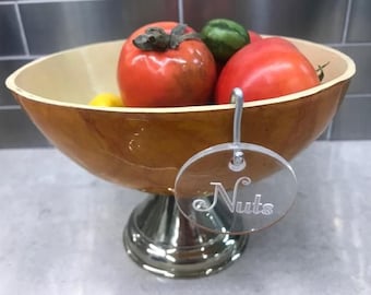 Coconut Bowl on Silver Stand with Acrylic Hang Tag, Orange Serving Bowl - Engraved, Personalized