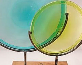Sun Catcher, Double Disc on Wood Stand, Green and Blue Glass - Personalized/Monogrammed - Laser Engraved