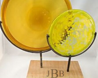 Sun Catcher, Double Disc on Wood Stand, Yellow & Brown - Personalized/Monogrammed - Laser Engraved