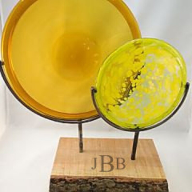 Sun Catcher, Double Disc on Wood Stand, Yellow & Brown Personalized