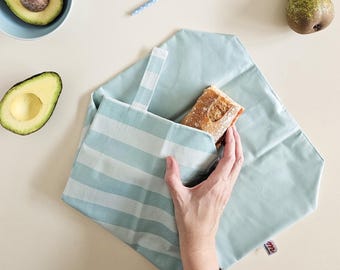 Involucro riutilizzabile per sandwich a righe blu, accessorio per il pranzo ecologico, impermeabile e fatto a mano.
