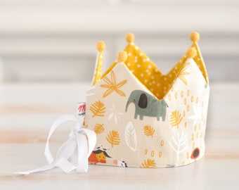 Jungle animals fabric crown, earth tones crown for baby, mustard crown, reversible birthday crown with numbers for kids, handmade play crown