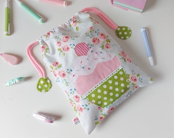 Multipurpose Children's Cloth Bag with Cute Cupcake Application - Perfect for Toys, Snacks, and More.