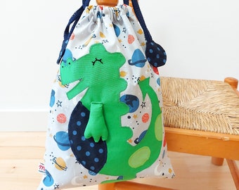 Reusable, multipurpose and fun dragon cotton fabric bag for nursery and school, perfect for kids toys, traveling bag or as birthday gift.