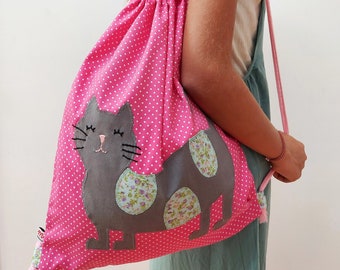 Handmade Cat Drawstring Backpack. Unique and Practical Kids' Bag for School and Play. Adorable Cat Appliqué. Gift for Little Cat Lovers.