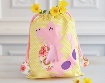 Dragon drawstring bag in cotton for children to take a snack or a change of clothes to nursery or school. Reusable storage pouch bag.