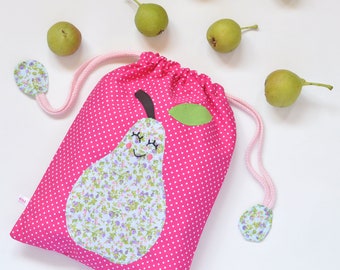 Girls cotton fabric drawstring bag for snacks. Storage bag. Nursery and kindergarten accessory. Toy pouch bag. Travelling bag. Baby bag