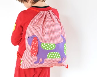 Drawstring bag for kids who love dogs. Handmade cotton backpack. Nursery and kindergarten sac. Toy storage bag. Multipurpose backpack.