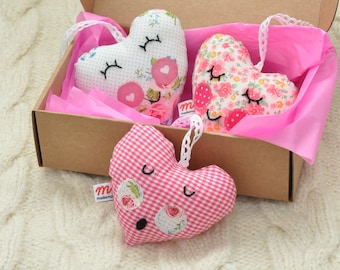 Set of three romantic handmade fabric hearts to decorate your home, hang on the wall oo in door room. Gift for her. Valentine's Day gift