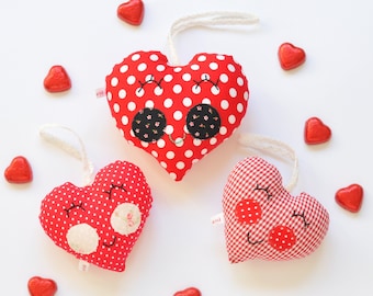 Cotton hearts ornaments for Valentine's day. A set of 3 red hearts for hanging. Handmade wall decoration. Baby door ornament. Pendant hearts