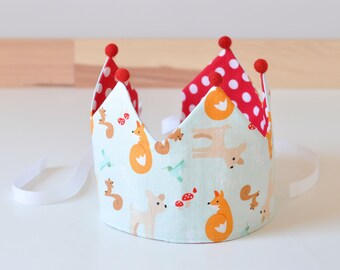 Forest animals toddler play crown, handmade cotton birthday crown, adjustable and reversible for babies and children, for any occasion.