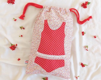 Cotton fabric drawstring bag to store lingerie and underwear in the suitcase during a trip, for girls and moms. Valentine day gift.