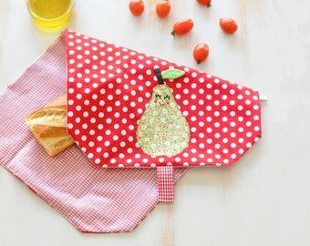 Handmade reusable sandwich wrapper. Eco-friendly kids snack bag. Colorful pear design. Waterproof, washable, ideal for school and excursions