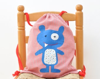 Monster drawstring backpack for children.  Red vichy squares cloth bag for nursey and kindergarten. Handmade toy storage and traveller sac.