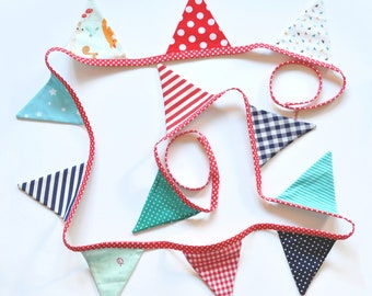 Handmade children fabric bunting banner, double sided flags, cotton flag garland for nursery, birthday banner, kids room decoration.