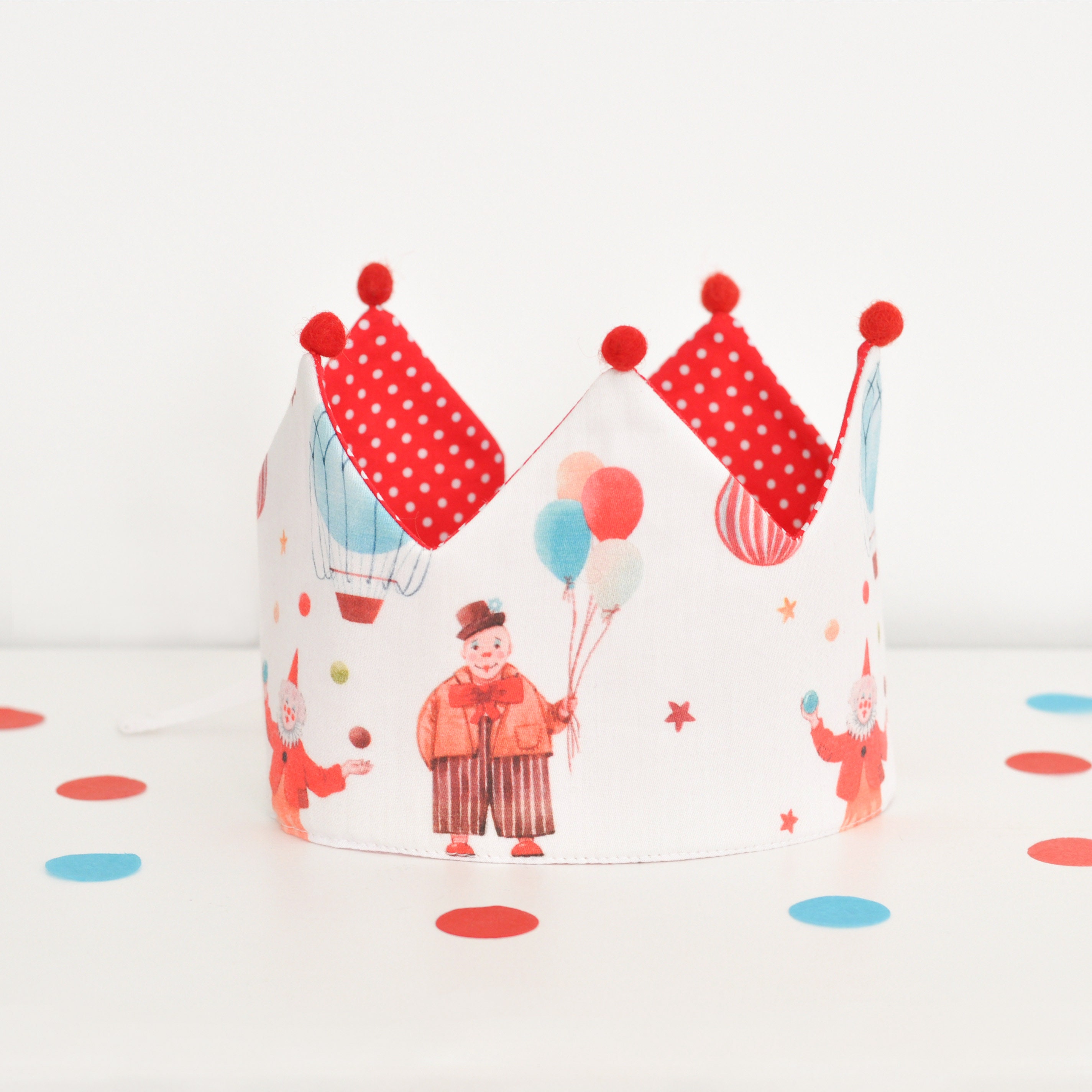 Reversible Cotton Birthday Crown: Circus Print, Red Polka Dot, Adjustable