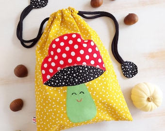 Multipurpose mushroom bag for kids. Drawstring bag for nursery and school. Bag for snack and change of clothes. Storage bag. Baby pouch sac.