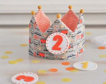 Handmade fabric birthday crown with numbers, cars print, adjustable and reversible, toddler crown, for birthday party and photography props.