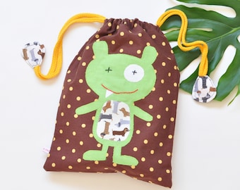 Children reusable cotton fabric drawstring bag for snacks. Storage bag. Nursery and kindergarten accessory. Cloth pouch bag. Travelling bag.