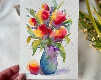 Original watercolor painting, loose floral painting, colorful watercolor, yellow tulip flowers in vase artwork, impressionistic watercolor