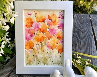 Original watercolor painting, 5x7 loose floral painting, colorful watercolor, poppy painting,   California poppies artwork, orange poppy art