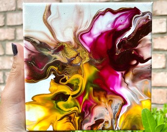 Mini Canvas art, Abstract painting, Colorful floral artwork, Modern art, yellow orange violet, 5x5 fluid art desktop decor, wall shelf art